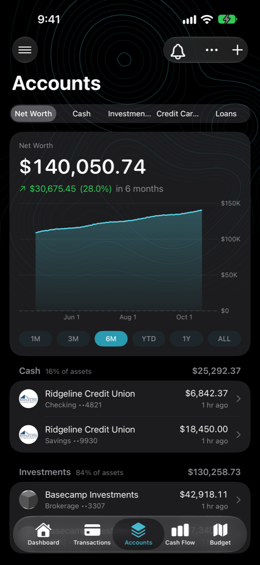 Accounts screen